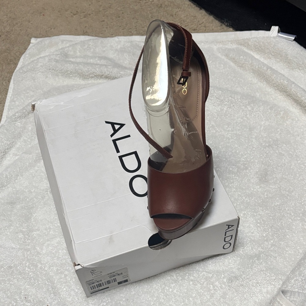 Aldo Brown Leather Peep-Toe Slingback Wedge Mule